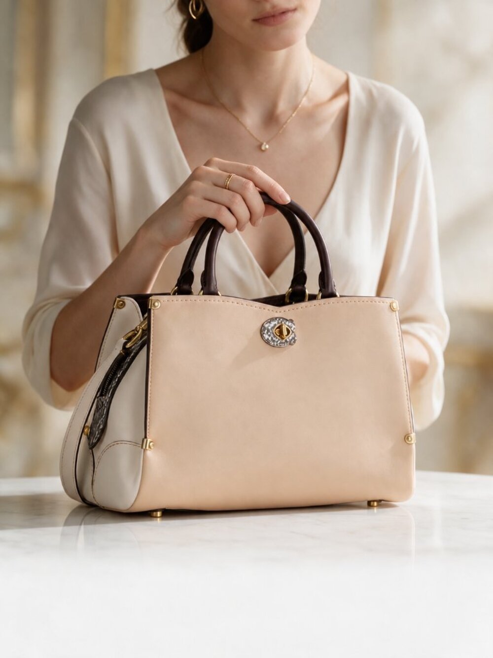 Coach Exotic Mason Colorblock Carryall Satchel Beechwood Chalk - Snakeskin, 1941